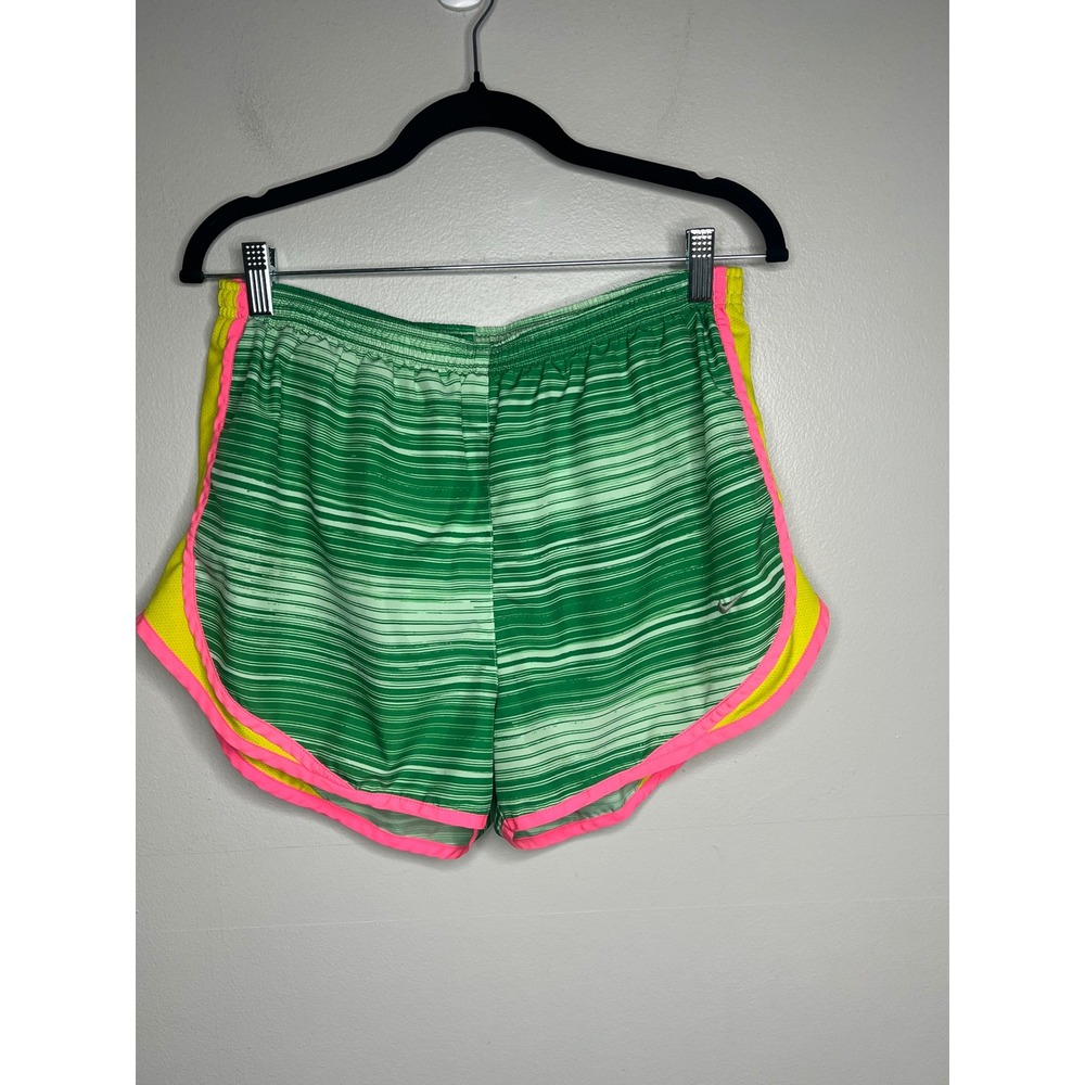Nike Dri-FIT Tempo Running Shorts Green Striped Neon Yellow Pink Women's Large